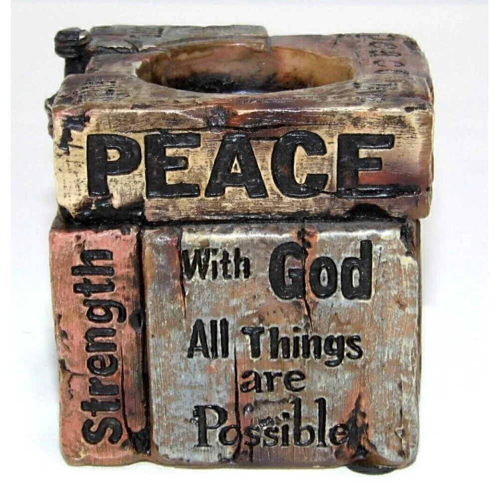 HOBBY LOBBY rustic brown plastic religious, God candle holder 2 1/2